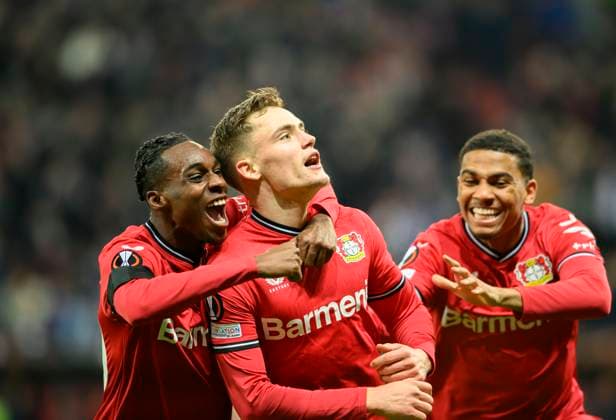 Cheers Florian WIRTZ LEV after his goal to 2 1, f l Jeremie FRIMPONG LEV , Florian WIRTZ LEV , Amine ADLI LEV Football Europa League, K o round Play off first leg, Bayer 04 Leverkusen LEV AS Monaco, on 16 02 2023 in Leverkusen Germany UEFA regulations prohibit any use of photographs as image sequences and or quasi video Â