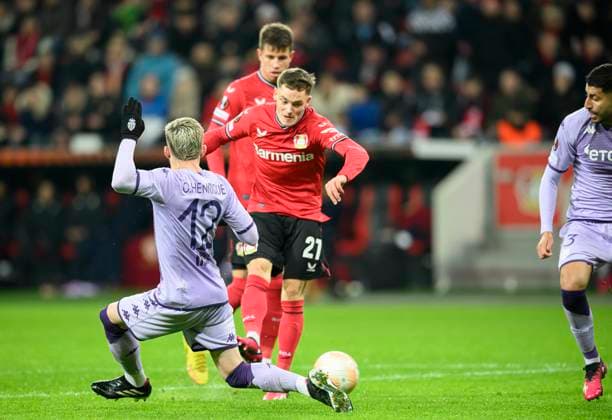 Florian WIRTZ LEV scores the goal to 2 1, action, l Henrique CAIO Monaco , Football Europa League, K o round Play off first leg, Bayer 04 Leverkusen LEV AS Monaco, on 16 02 2023 in Leverkusen Germany UEFA regulations prohibit any use of photographs as image sequences and or quasi video Â