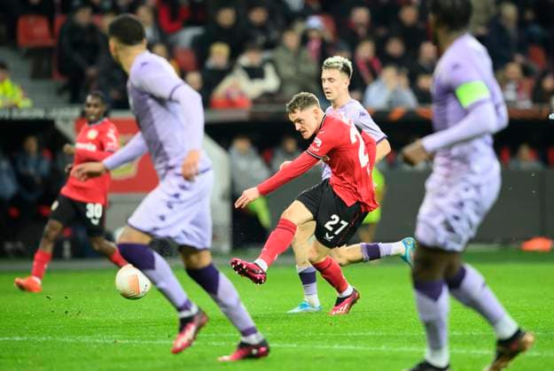 Florian WIRTZ LEV action, shot, scoring chance, football Europa League, knockout round play off first leg, Bayer 04 Leverkusen LEV AS Monaco, on 16 02 2023 in Leverkusen Germany UEFA regulations prohibit any use of photographs as image sequences and or quasi video Â