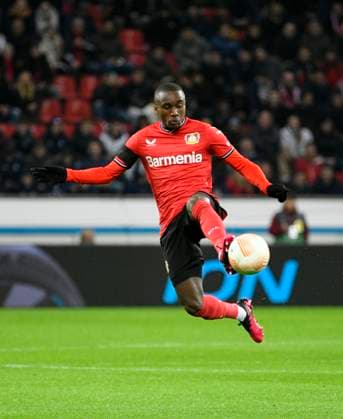 BayArena Leverkusen, 16 2 2023, Football UEFA Europa League season 2022 23, Play off round, Bayer 04 Leverkusen B04 vs AS Monaco ASM Moussa Diaby B04 UEFA REGULATES PROHIBIT ANY USE OF PHOTOGRAPHS AS IMAGE SEQUENCES AND OR QUASI VIDEO