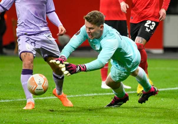 BayArena Leverkusen, 16 2 2023, Football UEFA Europa League season 2022 23, Play off round, Bayer 04 Leverkusen B04 vs AS Monaco ASM Alexander Nuebel Nübel ASM UEFA REGULATES PROHIBIT ANY USE OF PHOTOGRAPHS AS IMAGE SEQUENCES AND OR QUASI VIDEO