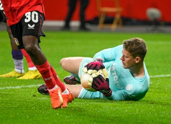 BayArena Leverkusen, 16 2 2023, Football UEFA Europa League season 2022 23, Play off round, Bayer 04 Leverkusen B04 vs AS Monaco ASM Alexander Nuebel Nübel ASM UEFA REGULATES PROHIBIT ANY USE OF PHOTOGRAPHS AS IMAGE SEQUENCES AND OR QUASI VIDEO
