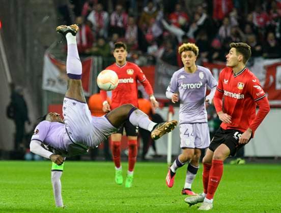 BayArena Leverkusen, 16 2 2023, Football UEFA Europa League Season 2022 23, Play off round, Bayer 04 Leverkusen B04 vs AS Monaco ASM Axel Disasi ASM , Patrik Schick B04 UEFA REGULATES PROHIBIT ANY USE OF PHOTOGRAPHS AS IMAGE SEQUENCES AND OR QUASI VIDEO