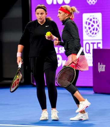 WTA, Tennis Damen Qatar TotalEnergies Open 2023 Lyudmyla Kichenok of Ukraine and Jelena Ostapenko of Latvia compete against Coco Gauff and Jessica Pegula of United States their doubles final match at the WTA Qatar TotalEnergies Open tennis tournament at the Khalifa International Tennis Complex in Doha, Qatar, 17 February 2023 DOHA Qatar  Copyright: xNoushadxThekkayilx originalFilename:varittyakkal-wtaqatar230217_np8Oy.jpg