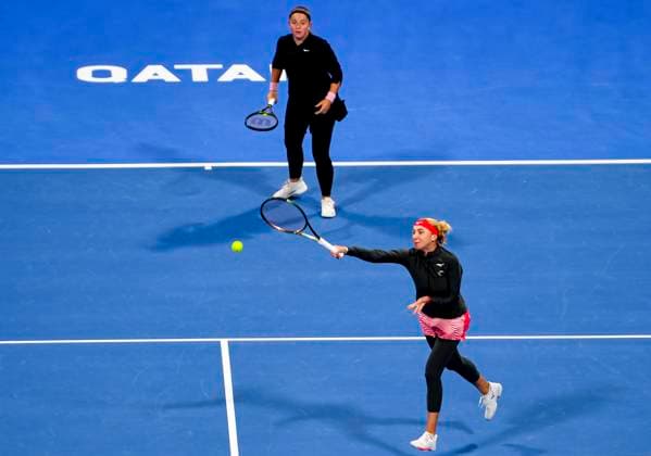 WTA, Tennis Damen Qatar TotalEnergies Open 2023 Lyudmyla Kichenok of Ukraine and Jelena Ostapenko of Latvia compete against Coco Gauff and Jessica Pegula of United States their doubles final match at the WTA Qatar TotalEnergies Open tennis tournament at the Khalifa International Tennis Complex in Doha, Qatar, 17 February 2023 DOHA Qatar  Copyright: xNoushadxThekkayilx originalFilename:varittyakkal-wtaqatar230217_npWsk.jpg