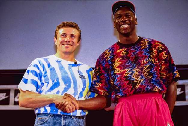 RECORD DATE NOT STATED Basketball NBA, Basketball Herren, USA Michael Jordan Michael Jordan (USA) -L- and Seggei Bubka (UKR) during Nike press conference, PK, Pressekonferenz at the 1992 Olympic Summer Games Olympic Summer Games Barcelona Spain Copyright: xDuomo PCNx BK2404 106008