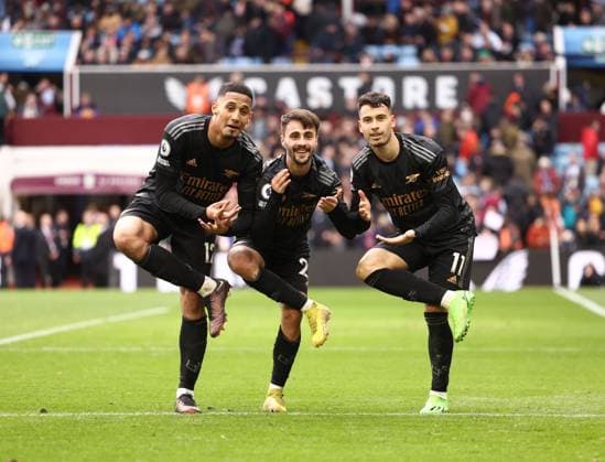 Sport Themen der Woche KW07 Mandatory Credit: Photo by Ryan Browne Shutterstock (13770247du) Gabriel Martinelli of Arsenal celebrates his goal 2-4 with William Saliba of Arsenal and Fabio Vieira of Arsenal. Aston Villa v Arsenal, Premier League, Football, Villa Park, Birmingham, UK - 18 Feb 2023 EDITORIAL USE ONLY No use with unauthorised audio, video, data, fixture lists, club league logos or live services. Online in-match use limited to 120 images, no video emulation. No use in betting, games or single club league player publications. Aston Villa v Arsenal, Premier League, Football, Villa Park, Birmingham, UK - 18 Feb 2023 EDITORIAL USE ONLY No use with unauthorised audio, video, data, fixture lists, club league logos or live services. Online in-match use limited to 120 images, no video emulation. No use in betting, games or single club league player publications.  Copyright: xRyanxBrowne Shutterstockx 13770247du
