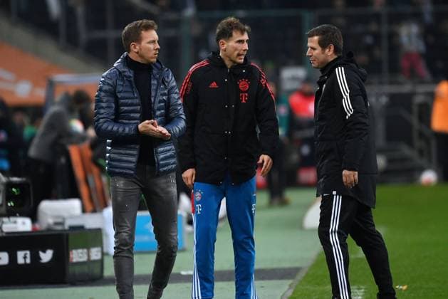 f l , Coach Julian Nagelsmann FC Bayern Muenchen , Leon Goretzka Bayern Muenchen , Referee Frank Willenborg Fourth official 18 02 2023, Football GER, Season 2022 2023, 1 Bundesliga, Matchday 21, Borussia Mönchengladbach FC Bayern Munich 3 2 Moenchengladbach Borussia Park North Rhine Westphalia Germany Team2