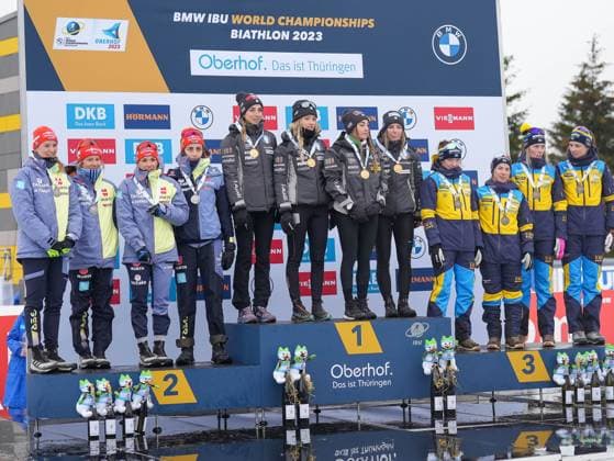 The winners of the relay race GER, BMW IBU Biathlon World Championship Oberhof, race 4x6 km relay women, 18 02 2023, season 2022 2023 GER, BMW IBU Biathlon World Championship Oberhof, race 4x6 km relay women, 18 02 2023, season 2022 2023 Oberhof Copyright: xEibner-Pressefoto JohannxMedveyx EP_JMY