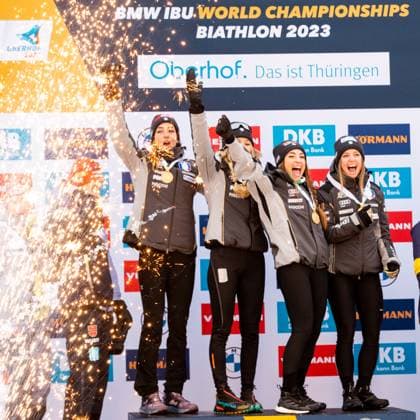 19 02 2023, GER, Biathlon, Season 2022 2023, BMW IBU World Championships, WOMEN 4X6KM RELAY COMOLA Samuela WIERER Dorothea AUCHENTALLER Hannah VITTOZZI Lisa Oberhof Lotto Thüringen Arena am Rennst Thüringen Germany