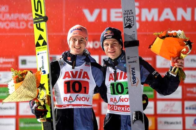 Bilder des Jahres 2023, Sport 02 Februar Sport Themen der Woche KW07 Sport Bilder des Tages FIS Ski jumping, Skispringen, Ski, nordisch 28th Men s World Cup Competition Men Normal Hill Super Team in Rasnov Karl Geiger and Andreas Wellinger of Germany celebrate during the FIS Ski Jumping 28th World Cup Competition Men s Normal Hill Super Team on February 19, 2023 in Rasnov, Romania. Copyright: xAlexxNicodimx