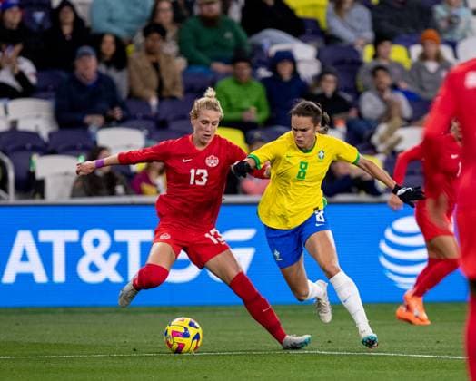 Nashville, USA, February 19th 2023: Sophie Schmidt (13 Canada) and Ana Vitoria (8 Brazil) battling for a ball during the She Believes Cup game between Brazil and Canada at GEODIS Park in Nashville, TN (Georgia Soares SPP) Copyright: xGeorgiaxSoares SPPx spp-en-GeSo-A63I4019