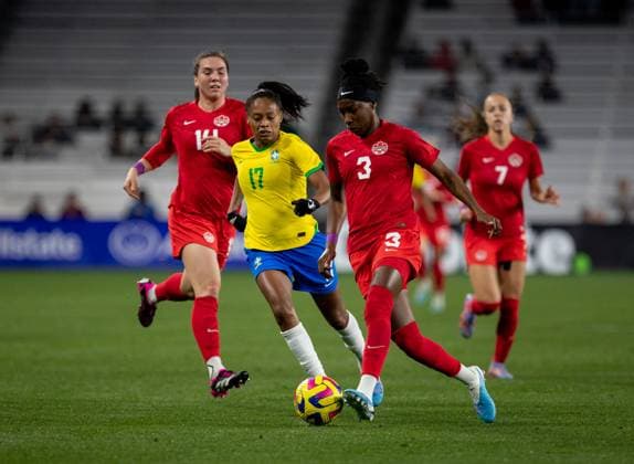 Nashville, USA, February 19th 2023: Kadeisha Buchanan (3 Canada) and Ary Borges (17 Brazil) battling for a ball during the She Believes Cup game between Brazil and Canada at GEODIS Park in Nashville, TN (Georgia Soares SPP) Copyright: xGeorgiaxSoares SPPx spp-en-GeSo-A63I3647