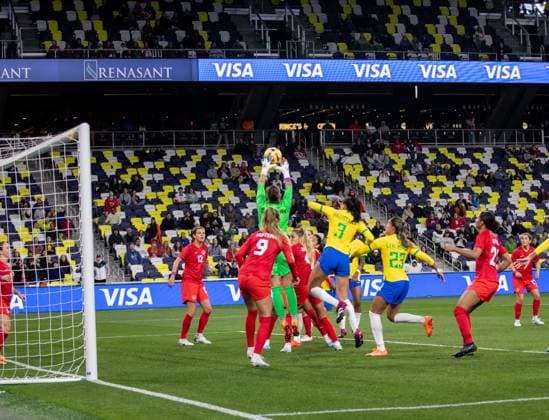 Nashville, USA, February 19th 2023: Kailen Sheridan (1 Canada) save during the She Believes Cup game between Brazil and Canada at GEODIS Park in Nashville, TN (Georgia Soares SPP) Copyright: xGeorgiaxSoares SPPx spp-en-GeSo-DI4I7755