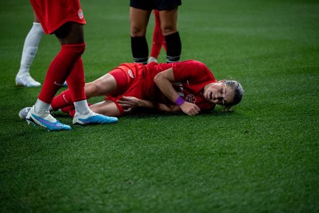 Nashville, USA, February 19th 2023: Jessie Fleming (17 Canada) down during the She Believes Cup game between Brazil and Canada at GEODIS Park in Nashville, TN (Georgia Soares SPP) Copyright: xGeorgiaxSoares SPPx spp-en-GeSo-DI4I7805