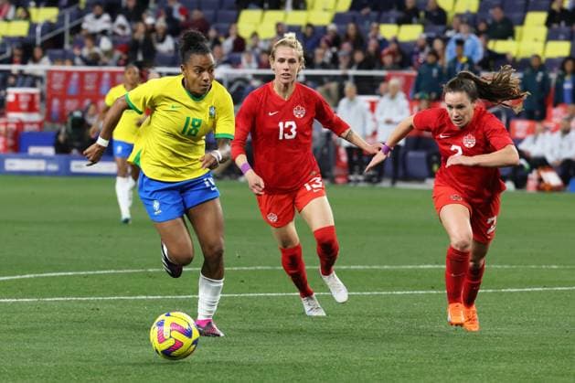 NASHVILLE, TN - FEBRUARY 19: Brazil forward Geyse (18) chases down a pass in front of Canada defender Allysha Chapman (2) during the SheBelieves Cup match between Canada and Brazil, February 19, 2023 at GEODIS Park in Nashville, Tennessee. (Photo by Matthew Maxey Icon Sportswire) SOCCER: FEB 19 Women™s SheBelieves Cup - Brazil vs Canada Icon23021944