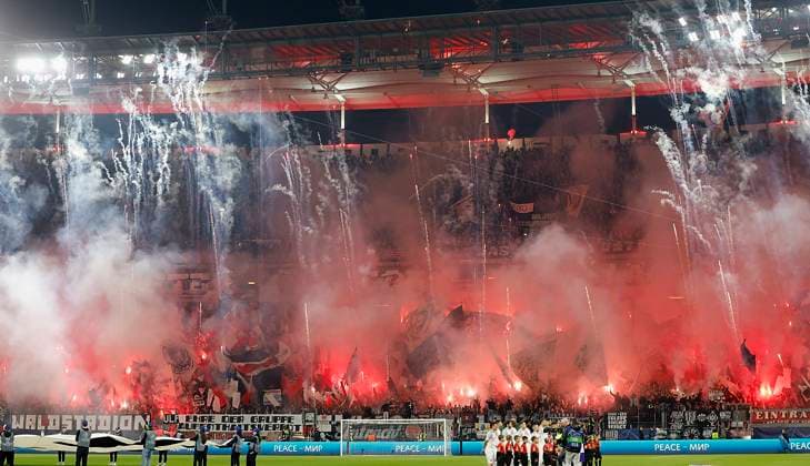 Pyro, pyrotechnics, smoke pots, bengalos, choreo, choreography, fan, Frankfurt fans, 21 02 2023, football, Champions League, round of 16, Eintracht Frankfurt SSC Napoli, GER, Frankfurt am Main, Deutsche Bank Park Copyright: HMBxMedia xHeikoxBecker