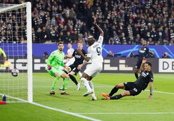 Victor Osimhen SSC Napoli, 9 , 2 v re , Goal scored, scored the goal to 1 0, celebrate the goal, 21 02 2023, Football, Champions League, Round of 16, Eintracht Frankfurt SSC Napoli, GER, Frankfurt am Main, Deutsche Bank Park Copyright: HMBxMedia xHeikoxBecker