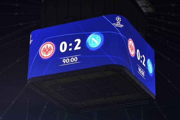 Soccer Champions League Round of 16 Eintracht Frankfurt SSC Napoli on 21 02 2023 at Deutsche Bank Park in Frankfurt final scoreboard video wall 0 2 xHDx