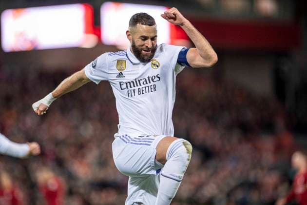 UEFA Champions League round of 16 match Liverpool vs Real Madrid at Anfield, Liverpool Picture date Tuesday February 21, 2023 Benzema celebrates a goal 900 Cordon Press  900 CordonxPress LOF - Liverpool vs Real Madrid
