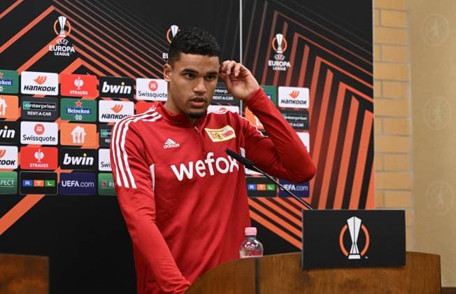 Football, men, season 2022 2023, Europa League, 1 FC Union Berlin, press conference before the match against Ajax Amsterdam, Danilho Doekhi 1 FC Union Berlin , 22 02 2022, Copyright: xMatthiasxKochx