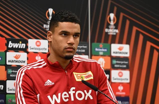 Football, men, season 2022 2023, Europa League, 1 FC Union Berlin, press conference before the match against Ajax Amsterdam, Danilho Doekhi 1 FC Union Berlin , 22 02 2022, Copyright: xMatthiasxKochx
