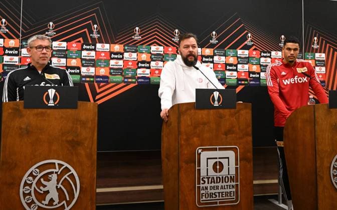 Football, men, season 2022 2023, Europa League, 1 FC Union Berlin, press conference before the match against Ajax Amsterdam, f l coach Urs Fischer 1 FC Union Berlin , stadium and press spokesman Christian Arbeit 1 FC Union Berlin , Danilho Doekhi 1 FC Union Berlin , 22 02 2022, Copyright: xMatthiasxKochx