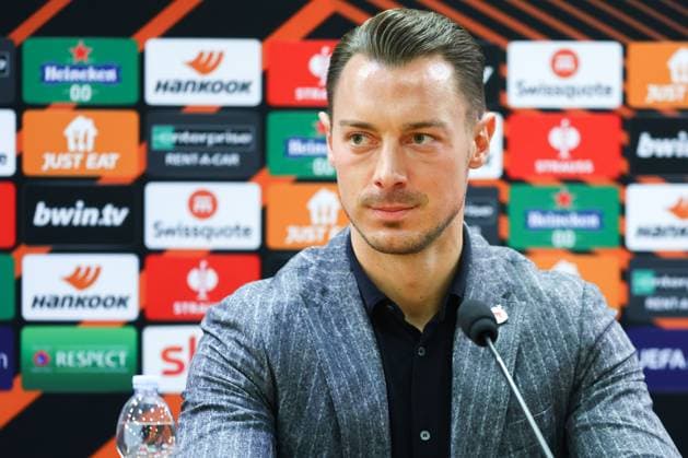 SOCCER - UEFA EL, Roma vs RBS ROME,ITALY,22.FEB.23 - SOCCER - UEFA Europa League, play off, AS Roma vs Red Bull Salzburg, preview, press conference, PK, Pressekonferenz RBS. Image shows head coach Matthias Jaissle (RBS).  GEPAxpictures xDavidxGeieregger