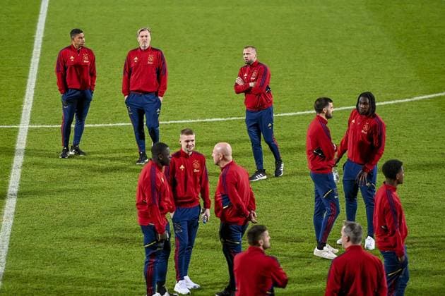 BERLIN, 22-02-2023, Stadion An der Alten Försterei, Europa League, season 2022 2023, press conference, PK, Pressekonferenz Ajax, Ajax trainer John Heitinga, Ajax player Kenneth Taylor, Ajax player Calvin Bassey Ajax in Berlijn x19982589x Copyright: