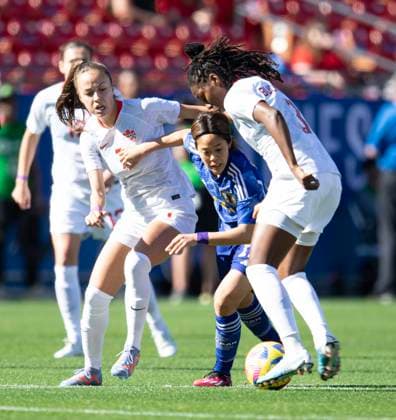 February 22, 2023, Frisco, Texas, U.S: Japanese player 11 RIKAKO KOBAYASHI trying to steal the ball from Canadian player 3 KADEISHA BUCHANAN and 7 JULIA GROSSO. Frisco U.S. - ZUMAm147 20230222_zap_m147_001 Copyright: xHossxMcBainx