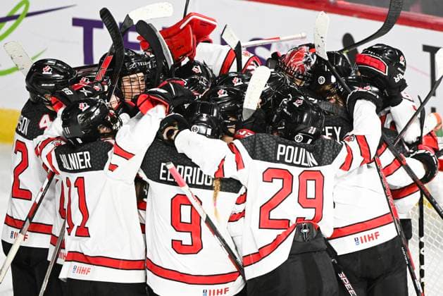 February 22, 2023, Laval, PQ, Canada: Players from Canada celebrate after defeating the USA in Rivalry Series hockey in Laval, Que., Wednesday, February 22, 2023. Rivalry Series Hockey,  - ZUMAc35_ 20230222_zaf_c35_210 Copyright: xGrahamxHughesx