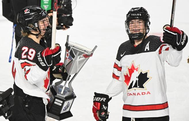 February 22, 2023, Laval, PQ, Canada: Marie-Philip Poulin (29) and Blayre Turnbull of Canada celebrate after defeating the USA in Rivalry Series hockey in Laval, Que., Wednesday, February 22, 2023. Blayre Turnbull, Marie-Philip Poulin, - ZUMAc35_ 20230222_zaf_c35_212 Copyright: xGrahamxHughesx