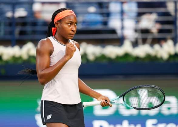 Coco Gauff makes fist and cheers,Cheers,Joy,Emotion Tennis Dubai Tennis Championships 2023 WTA Dubai Duty Free Tennis Stadium Dubai United Arab Emirates 23 February 2023 Copyright: xJuergenxHasenkopfx