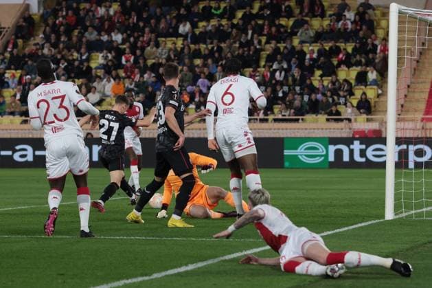 Monaco, Monaco, 23rd February 2023. Florian Wirtz of Bayer Leverkusen scores to give the side a 1-0 lead during the UEFA Europa League match at Stade Louis II, Monaco. Picture credit should read: Jonathan Moscrop Sportimage EDITORIAL USE ONLY. No use with unauthorised audio, video, data, fixture lists, club league logos or live services. Online in-match use limited to 120 images, no video emulation. No use in betting, games or single club league player publications. SPI-2233-0005