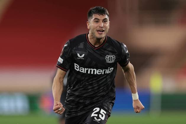 Monaco, Monaco, 23rd February 2023. Exequiel Palacios of Bayer Leverkusen celebrates after scoring to give the side a 2-1 lead during the UEFA Europa League match at Stade Louis II, Monaco. Picture credit should read: Jonathan Moscrop Sportimage EDITORIAL USE ONLY. No use with unauthorised audio, video, data, fixture lists, club league logos or live services. Online in-match use limited to 120 images, no video emulation. No use in betting, games or single club league player publications. SPI-2233-0006