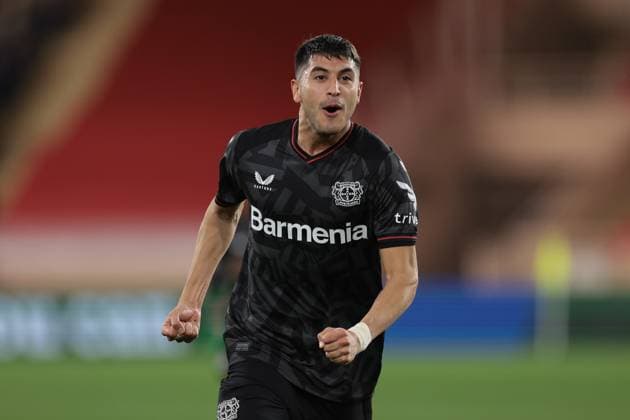 Monaco, Monaco, 23rd February 2023. Exequiel Palacios of Bayer Leverkusen celebrates after scoring to give the side a 2-1 lead during the UEFA Europa League match at Stade Louis II, Monaco. Picture credit should read: Jonathan Moscrop Sportimage EDITORIAL USE ONLY. No use with unauthorised audio, video, data, fixture lists, club league logos or live services. Online in-match use limited to 120 images, no video emulation. No use in betting, games or single club league player publications. SPI-2233-0009