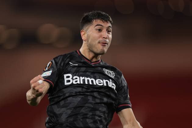 Monaco, Monaco, 23rd February 2023. Exequiel Palacios of Bayer Leverkusen celebrates after scoring to give the side a 2-1 lead during the UEFA Europa League match at Stade Louis II, Monaco. Picture credit should read: Jonathan Moscrop Sportimage EDITORIAL USE ONLY. No use with unauthorised audio, video, data, fixture lists, club league logos or live services. Online in-match use limited to 120 images, no video emulation. No use in betting, games or single club league player publications. SPI-2233-0011
