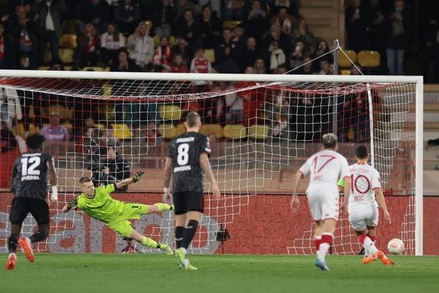 Monaco, Monaco, 23rd February 2023. Wissam Ben Yedder of AS Monaco scores a penalty to level the game at 1-1 during the UEFA Europa League match at Stade Louis II, Monaco. Picture credit should read: Jonathan Moscrop Sportimage EDITORIAL USE ONLY. No use with unauthorised audio, video, data, fixture lists, club league logos or live services. Online in-match use limited to 120 images, no video emulation. No use in betting, games or single club league player publications. SPI-2233-0012