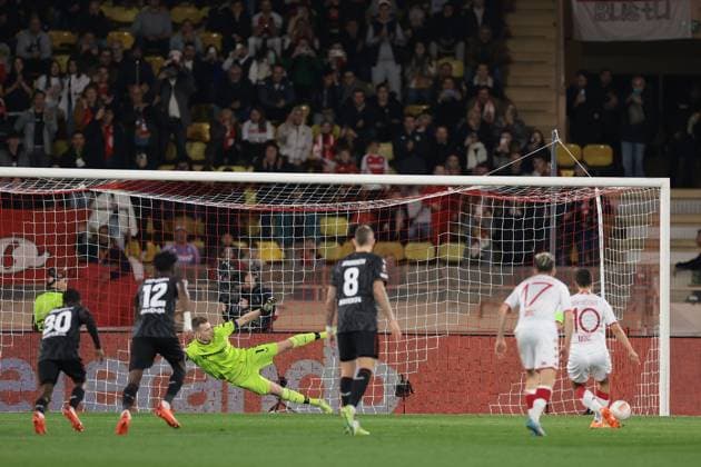 Monaco, Monaco, 23rd February 2023. Wissam Ben Yedder of AS Monaco scores a penalty to level the game at 1-1 during the UEFA Europa League match at Stade Louis II, Monaco. Picture credit should read: Jonathan Moscrop Sportimage EDITORIAL USE ONLY. No use with unauthorised audio, video, data, fixture lists, club league logos or live services. Online in-match use limited to 120 images, no video emulation. No use in betting, games or single club league player publications. SPI-2233-0014