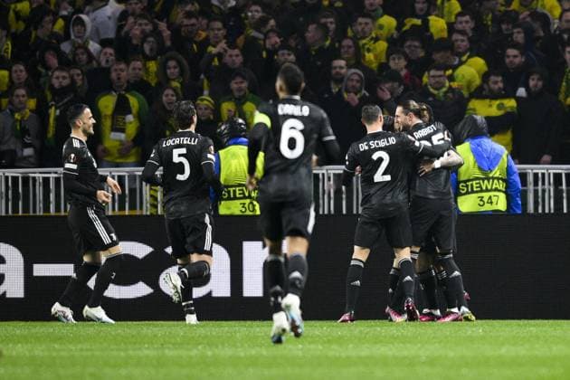 joie des joueurs de la Juventus apres le but de Angel Di Maria (Juventus) FOOTBALL : Nantes vs Juventus de Turin - Barrage retour Ligue Europa - 23 02 2023 JBAutissier Panoramic 
