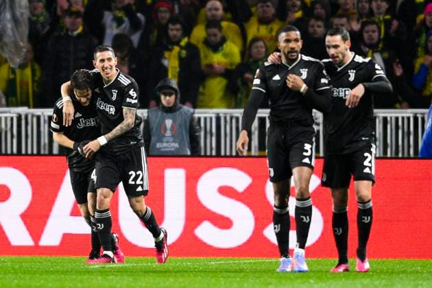 joie des joueurs de la Juventus apres le but de Angel Di Maria (Juventus) FOOTBALL : Nantes vs Juventus de Turin - Barrage retour Ligue Europa - 23 02 2023 JBAutissier Panoramic 