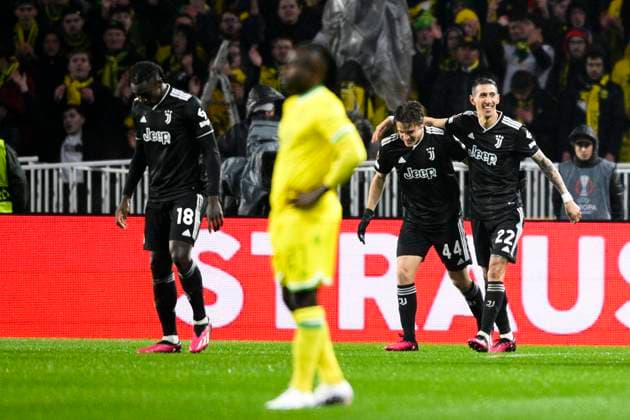 joie des joueurs de la Juventus apres le but de Angel Di Maria (Juventus) FOOTBALL : Nantes vs Juventus de Turin - Barrage retour Ligue Europa - 23 02 2023 JBAutissier Panoramic 