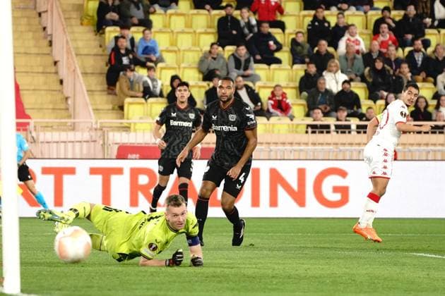 Wissam Ben Yedder (AS Monaco) - Lukas Hradecky (Bayer 04 Leverkusen) FOOTBALL : AS Monaco vs Bayer 04 Leverkusen - League Europa - Monaco - 23 02 2023 NorbertScanella Panoramic 