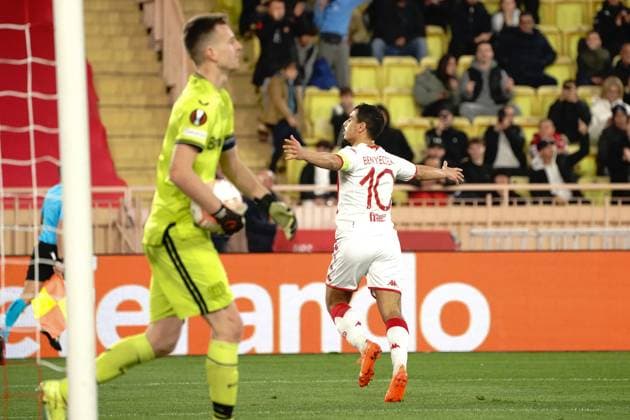 Joie - Wissam Ben Yedder (AS Monaco) - Lukas Hradecky (Bayer 04 Leverkusen) FOOTBALL : AS Monaco vs Bayer 04 Leverkusen - League Europa - Monaco - 23 02 2023 NorbertScanella Panoramic 