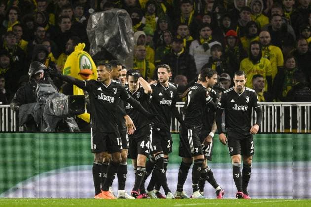 joie des joueurs de la Juventus apres le but de Angel Di Maria (Juventus) sur penalty FOOTBALL : Nantes vs Juventus de Turin - Barrage retour Ligue Europa - 23 02 2023 JBAutissier Panoramic 