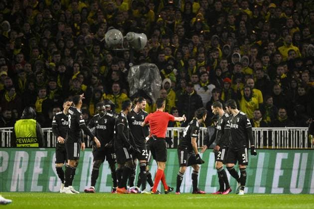 joie des joueurs de la Juventus apres le but de Angel Di Maria (Juventus) sur penalty FOOTBALL : Nantes vs Juventus de Turin - Barrage retour Ligue Europa - 23 02 2023 JBAutissier Panoramic 