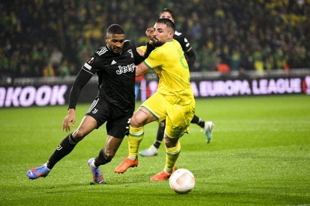 Gleison Bremer (Juventus) vs Andy Delort (Nantes) FOOTBALL : Nantes vs Juventus de Turin - Barrage retour Ligue Europa - 23 02 2023 JBAutissier Panoramic 