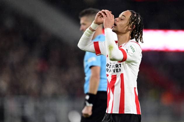 EINDHOVEN - Xavi Simons of PSV Eindhoven reacts during the UEFA Europa league play-off match between PSV Eindhoven and Sevilla FC at Phillips stadium on February 23, 2023 in Eindhoven, Netherlands. ANP OLAF KRAAK PSV Eindhoven v Sevilla FC: Knockout Round Play-Off Leg Two - UEFA Europa League 2022 2023 xVIxANPxSportx xxANPxIVx 463449615 originalFilename: 463449615.jpg