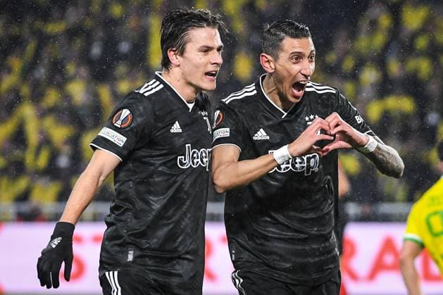 February 23, 2023, Nantes, France, France: Angel DI MARIA of Juventus celebrate his goal with Nicolo FAGIOLI of Juventus during the UEFA Europa League match between FC Nantes and Juventus FC at La Beaujoire Stadium on February 23, 2023 in Nantes, France. Nantes France - ZUMAm308 20230223_zsp_m308_004 Copyright: xMatthieuxMirvillex