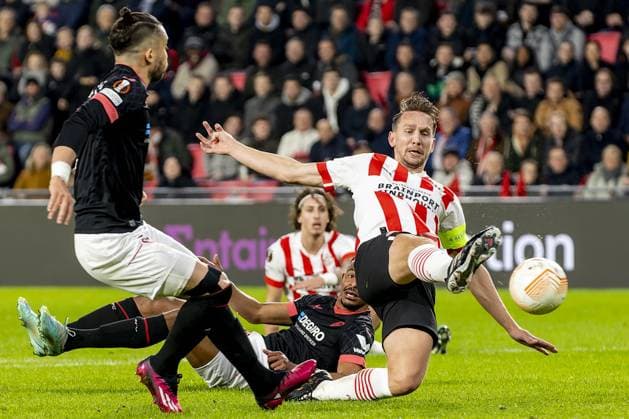 EINDHOVEN, 23-02-2023. Philips Stadion, Stadium of PSV. Europa League season 2022-2023. Second leg PSV - Sevilla. PSV forward Luuk de Jong scores 1-0 during the game PSV - Sevilla. PSV - Sevilla  x19995383x Copyright:
